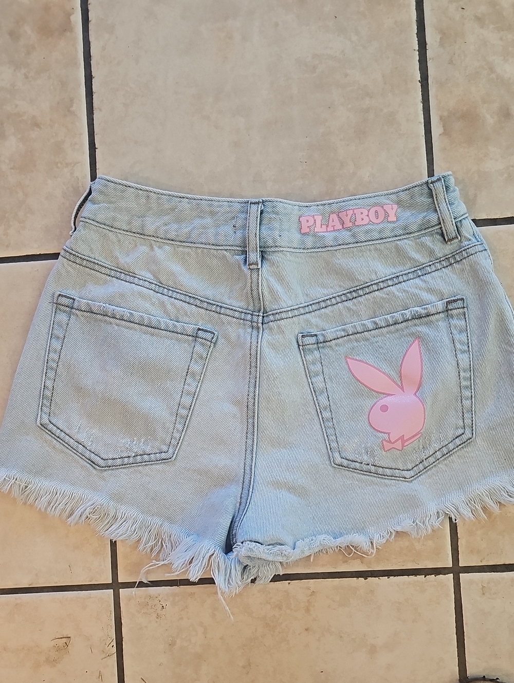 PLAYBOY Light Blue Denim Shorts with Pink Bunny Logo